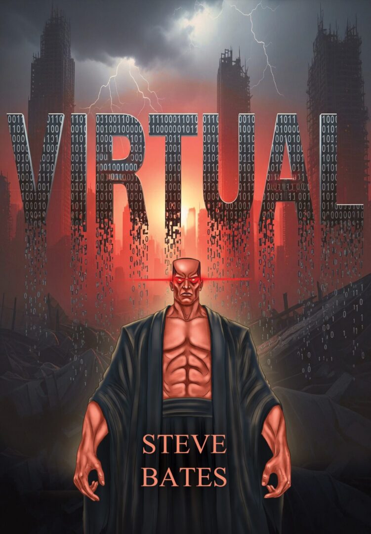 Horned red figure before binary "VIRTUAL" skyline